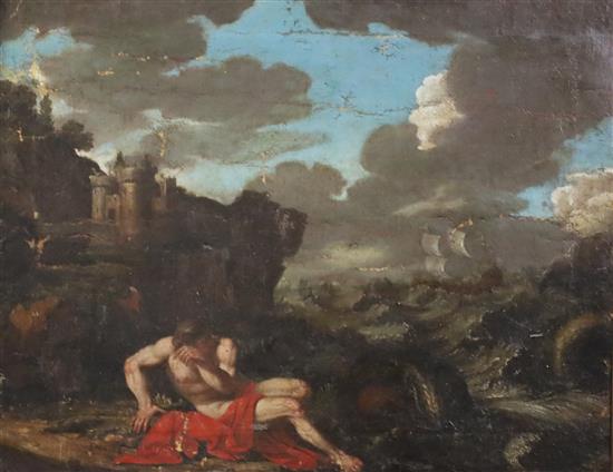After Nicolas Poussin (17th / 18th century) Coastal landscape with shipwrecked figure 18.5 x 23.5in.